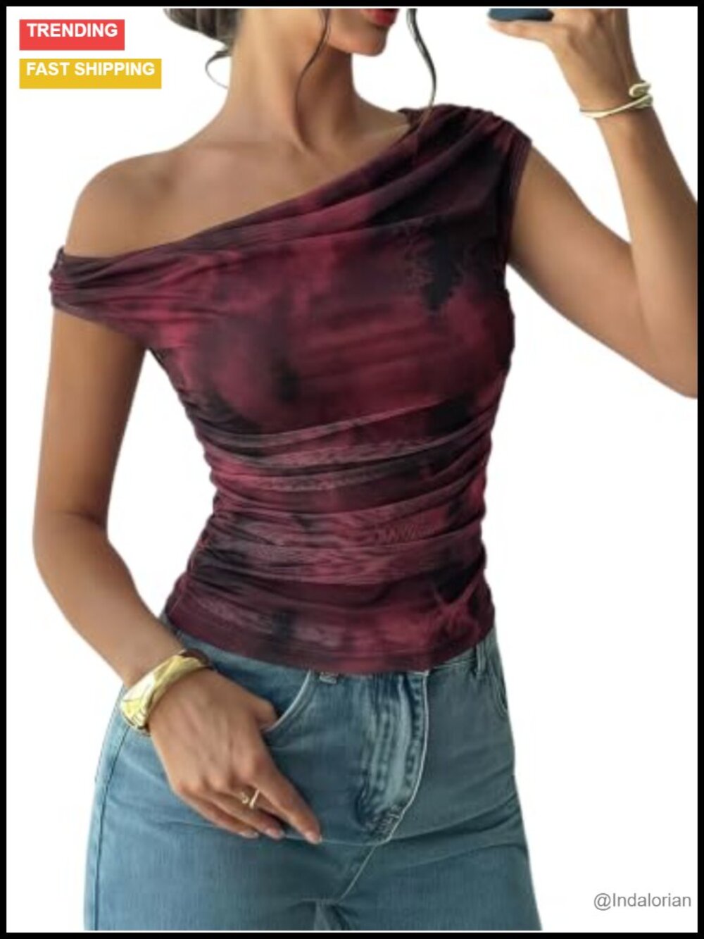 Women's Floral Tie Dye Y2K One Shoulder Mesh Top Ruched Crop